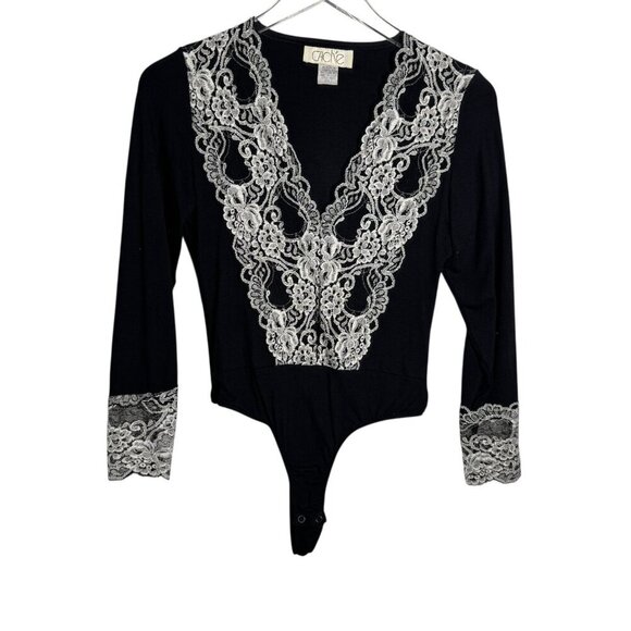 Vintage 80's CACHE Lace trim bodysuit black size small Long Sleeve Made in USA - Picture 5 of 5